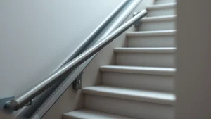 Λεπτή ράγα ανελκυστήρα σκάλας κατά μήκος ανοιχτόχρωμης σκάλας