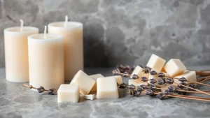 Κεριά σε χρώμα κρεμ και κύβοι wax melts με ξερή λεβάντα σε γκρι πέτρα