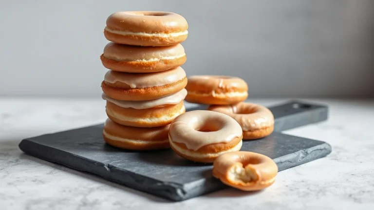 Στοιβαγμένα γλασαρισμένα ντόνατς και mini donuts σε μαύρη πλάκα