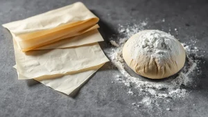 Φύλλα κρούστας και μπάλα ζύμης με αλεύρι σε γκρι πάγκο