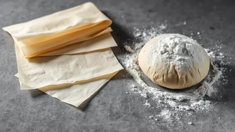Φύλλα κρούστας και μπάλα ζύμης με αλεύρι σε γκρι πάγκο