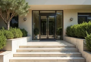 Είσοδος κτιρίου με μαρμάρινα σκαλοπάτια όπου χρειάζεται λύση πρόσβασης για αμαξίδιο