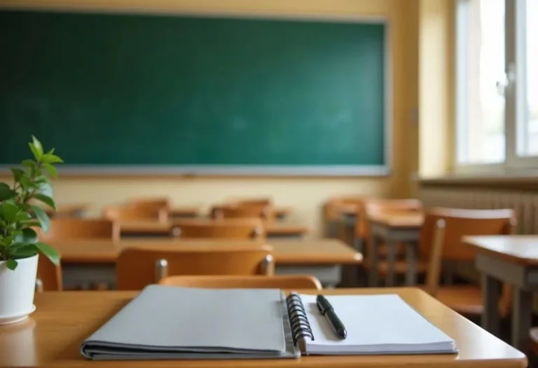 Έδρα εκπαιδευτικού με φάκελο εγγράφων και σημειωματάριο σε άδεια σχολική τάξη