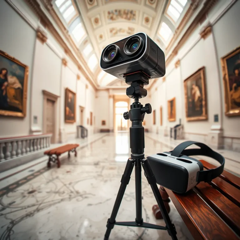 360-degree camera on a tripod capturing an immersive view of a museum hall