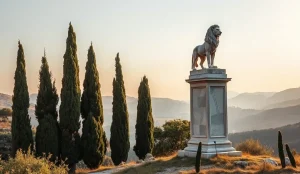 Μαρμάρινο μνημείο λιονταριού σε βάθρο ανάμεσα σε κυπαρίσσια στην ελληνική ύπαιθρο